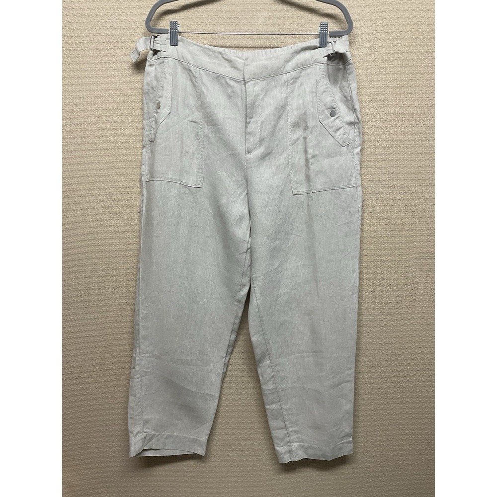 Athleta Pants‎ Womens 16 Beige 100% Linen Ankle Tapered Adjustable Waist Pockets